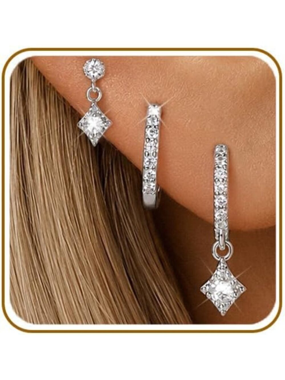 3 Pairs Sterling Silver Earrings Set for Women - CZ Studs & Hoops Collection